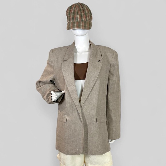 Jennifer Moore Jackets & Blazers - Jennie Moore  Vintage 90s 100% Linen Oversized Blazer Tan Beige‎ Office Size 14